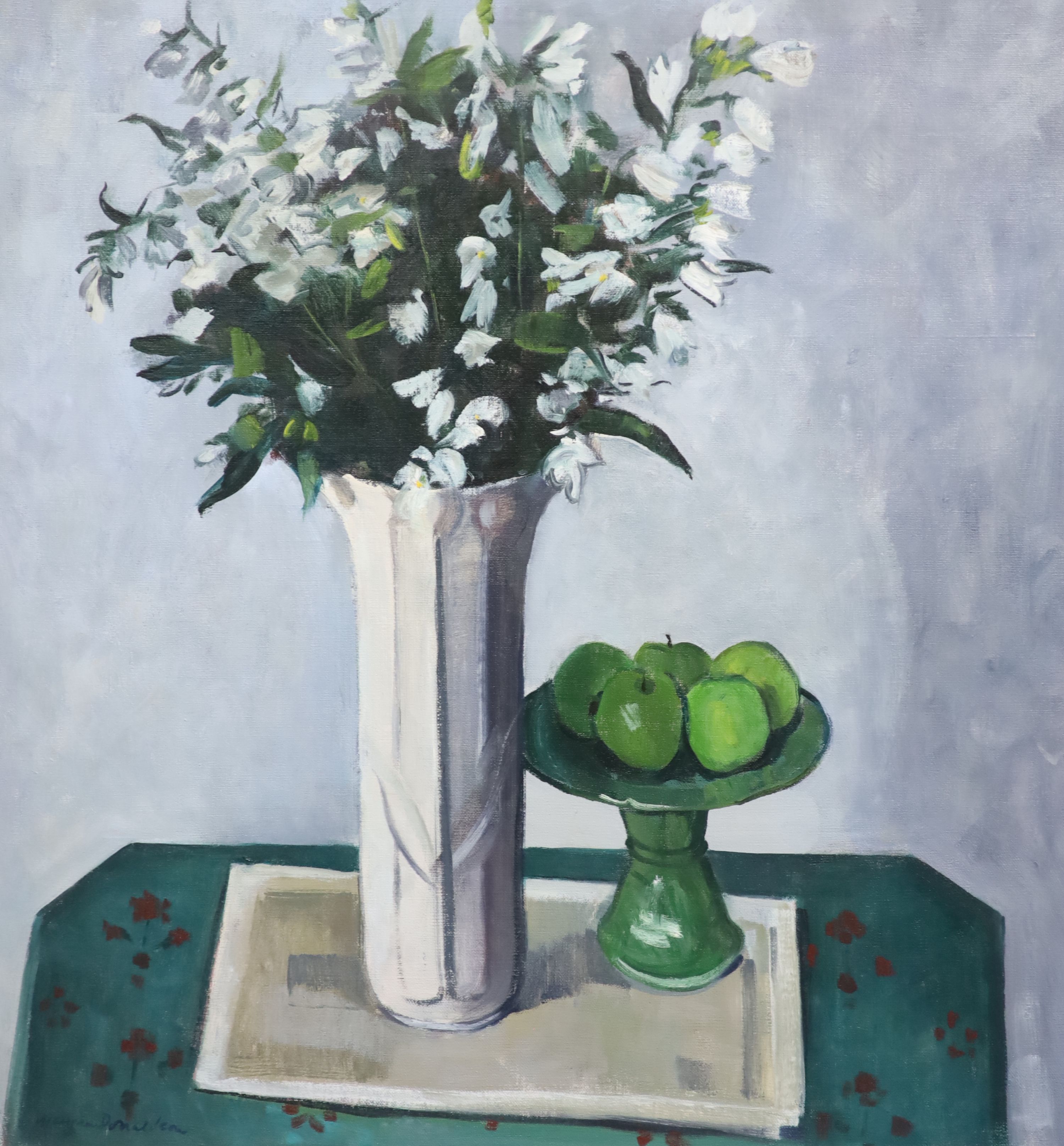 Marysia Donaldson Scottish, fl.1961-1989), Still life with flowers in a vase and a bowl of fruit, oil on canvas, 80 x 75cm